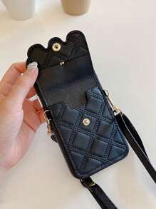 Argyle-patroon 1 st. Zwart 3D Strass Letter Strik Parel Kaarthouder Telefoonhoesje, Compatibel met iPhone 16/15/14/13 Pro Max, 12 Pro Zachte Volledige Wikkelhoes, 8 Plus Crossbody Voor Vrouwen