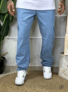 Kit 2 Men's Cargo Pants Jeans And Twill With Wide Legs And Elastic Waistband With Utility Pockets 100% Cotton, For Casual Work - 藍色 - 查看 2