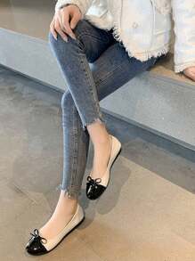 Plus Size Women Comfortable Versatile Round Toe Color Blocking Slip-On Loafer Flats With Bow Decor