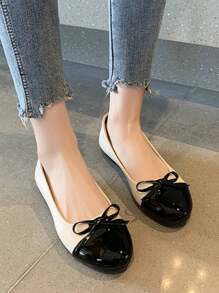 Plus Size Women Comfortable Versatile Round Toe Color Blocking Slip-On Loafer Flats With Bow Decor