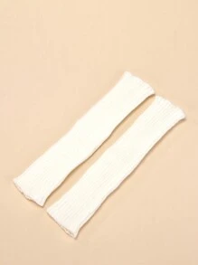 1 双女式针织条纹露指短手套，休闲百搭，适合日常穿着和派对 - 白色 - 查看 2