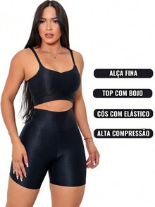 Cropped Set With Padded Bra And High Waist Shorts Fitness Sport Casual Women's Gym - 黑色 - 查看 5