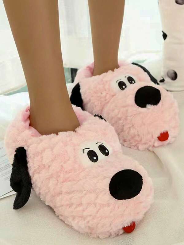 New Cartoon Fabric Material Slippers, Cute Plush Warm Comfortable Lightweight Non-Slip Thick Sole Home Party College Style Couples Soft Pink Dog Indoor Backless Warm Slippers, Halloween & Christmas Gift