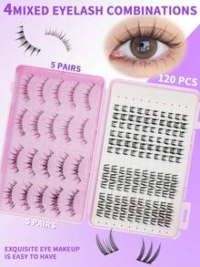 120PCS假睫毛C卷+10对透明茎一体式全睫毛，四种睫毛混合包，大容量睫毛书，自然蓬松，浓密，柔软，轻盈的假睫毛，易于佩戴，可重复使用，可长期使用，一盒满足多种需求，可自由搭配各种场合 - 黑色 - 查看 1
