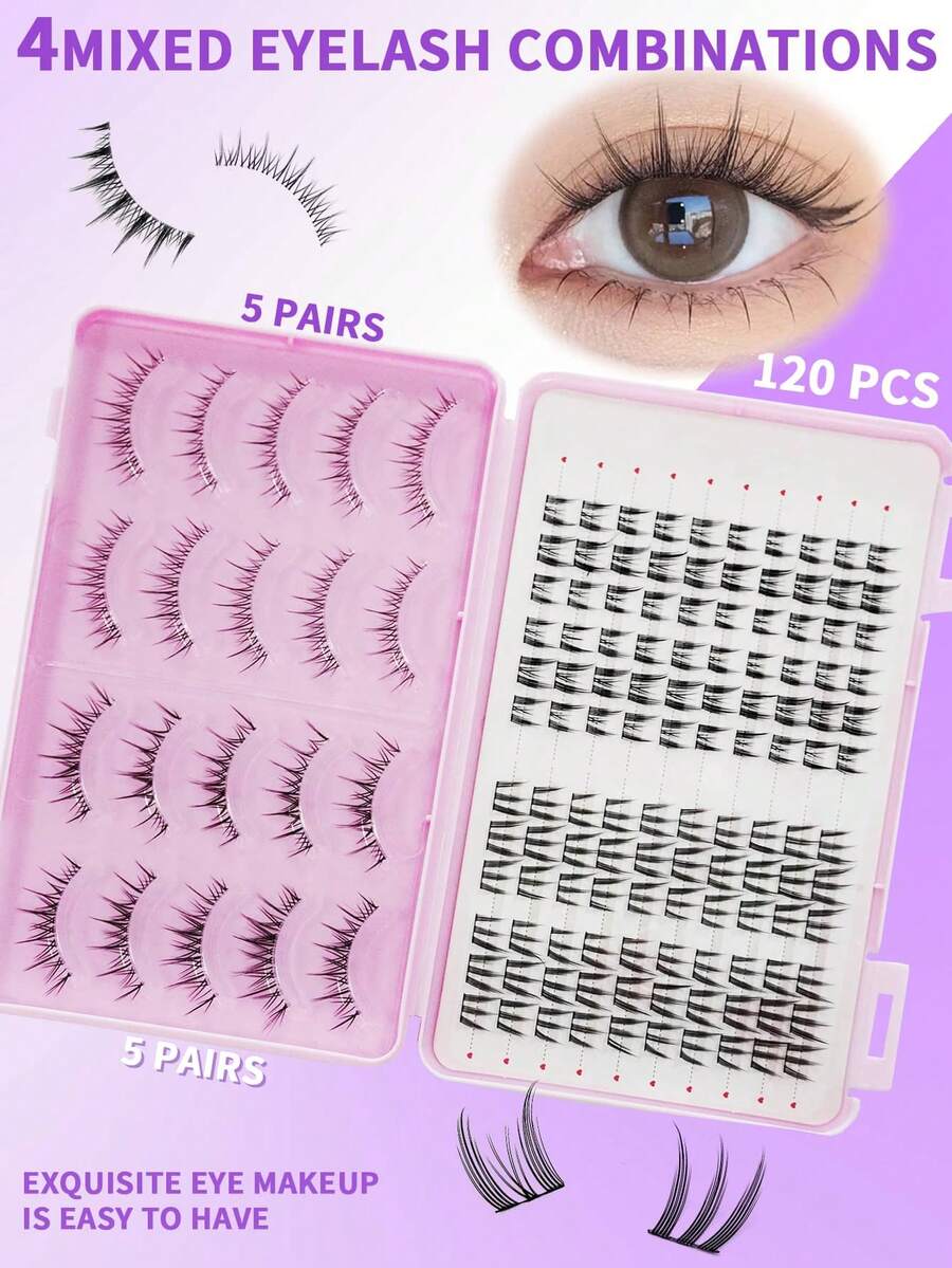 120PCS假睫毛C卷+10对透明茎一体式全睫毛，四种睫毛混合包，大容量睫毛书，自然蓬松，浓密，柔软，轻盈的假睫毛，易于佩戴，可重复使用，可长期使用，一盒满足多种需求，可自由搭配各种场合 - 黑色 - 查看 1
