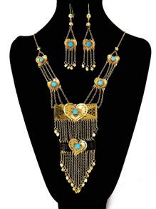 3pcs Elegant & Luxurious Gold Long Necklace And Earrings Set, Hollow Faux Turquoise Jewelry Set, Suitable For Women's Daily, Party, Wedding, Holiday As Gift - Yellow Gold - View 3