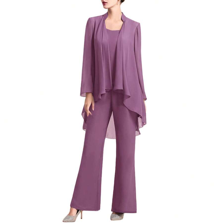 Women's Mother Of The Bride Pant Suits 3 Pieces Chiffon Outfit Sets For Wedding Guest Evening Party Gowns Christmas Gift & New Year Gift - 紫色 - 查看 1