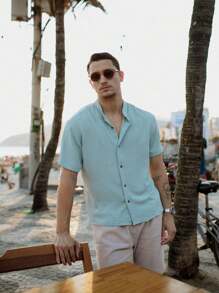 Men's Short Sleeve Shirt With Priest Collar Elegant Casual Party Work - Biru - View 4