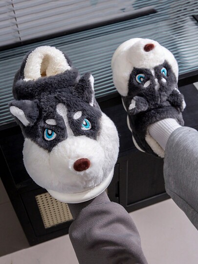 Pantuflas de casa de peluche con diseño de perro de dibujos animados para mujer, pantuflas de interior cálidas para hombre, zapatos de piel