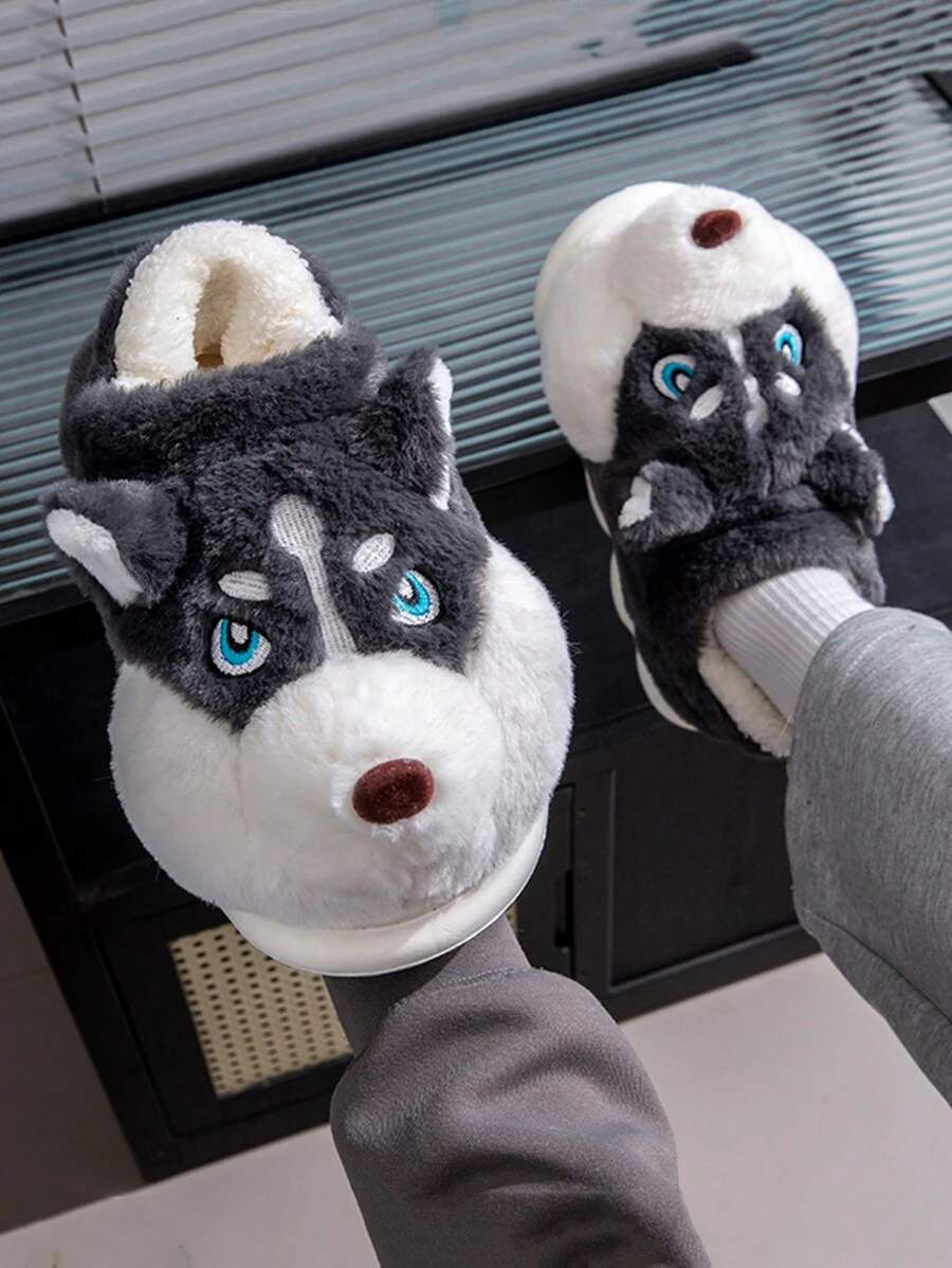 Chinelos de Pelúcia de Cachorro Cartoon de Inverno para Mulheres, Chinelos Internos Quentes para Homens, Sapatos Peludos