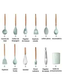 Jogo de Cozinha Kit C/12 Peças de Silicone, Utensílios e Copo Suporte para Cozinha Cabo de Madeira - Preto - Visão 4