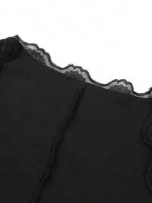 Womenacute;s Crop Tops, Long Sleeve Solid Color Jagged V Neck Lace Hem Button Down Slim Fit Shirt - Negro - Ver 6