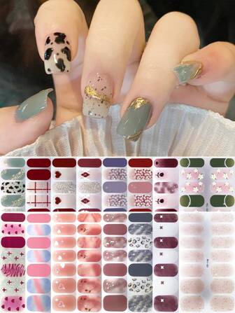 14pcs Full-Wrap Nail Sticker Set - Various Stylish Designs Including Animal Print, Plaid, Pearl Hearts, Bowknot Decorations, Glitter Gradient, Elegant Deep Red, Purple, And More Patterns, Perfect For Daily And Holiday Nail Art Choices