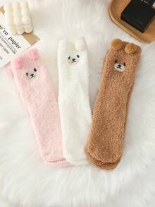 1 Cặp tất đi trong nhà bằng vải nỉ san hô ấm áp không rụng hình gấu hoạt hình dễ thương cho nữ - màu nâu - Xem 2