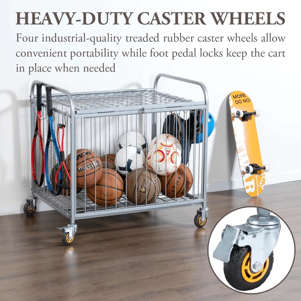 Large Capacity Metal Rolling Multi Sports Ball Cage Storage Hopper, Gym