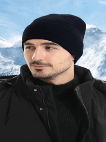 1 chiếc mũ len beanie ấm áp có vành mũ mùa đông - đen - Xem 7