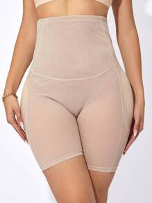 Women High Waist Firm Tummy Control Shapewear Shorts With Removable Padded Lining And Mesh Panels - Apricot - View 2
