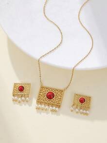 3 件套矩形经典图案绿松石和活泼珍珠耳环和项链套装 - 3件套項鍊耳環套裝 - 查看 14