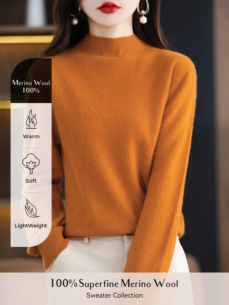 100% Merino Wool Women's Sweater Soft Warm Mock Neck Pullover Fall Winter Sweater One-Line Seamless Sweater