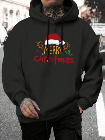 Boyfriend Style Men's New Hoodie, Casual Daily Drawstring Hooded Sweatshirt With Cartoon Christmas & English Letter Print, Front Kangaroo Pocket, Boyfriend Style Men's Top