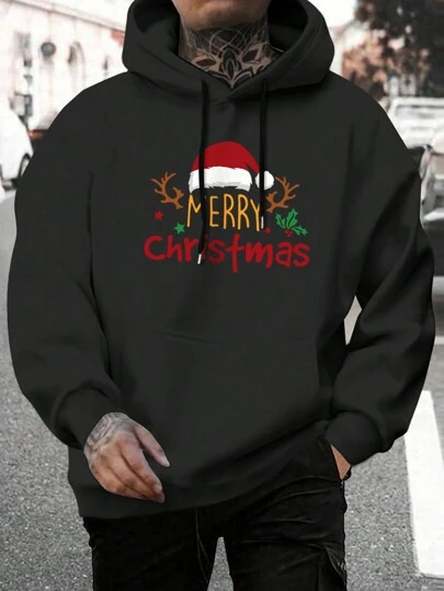 Boyfriend Style Men's New Sweatshirt, Casual Daily Drawstring Hooded Sweatshirt With Cartoon Christmas & English Letter Print, Front Kangaroo Pocket, Boyfriend Style Men's Top