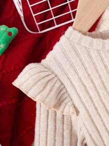 Young Girls Christmas Bow Decor Long Sleeve Round Neck Dress