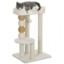 PawHut Torre per Gatti con Lettino Superiore, Piattaforma e Pallina Giocattolo, Albero Tiragraffi per Gatti in Legno, Peluche e Iuta, 48.5x40x76 cm, Beige