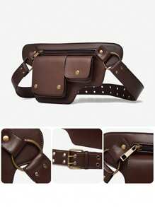 朋克风腰包，复古PU皮腰包，户外运动旅行斜挎包，复古户外骑行包，多功能收纳包，手机包，酷炫朋克摩托车风腰包，复古PU皮腰包 - 前卫朋克风格设计，可调节腰包，多个卡槽，磁扣 - 彩色 - 查看 4