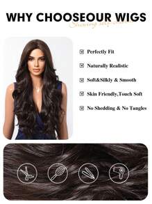 Peluca sintética de cabello natural ondulado con parte media multicapas de 26 pulgadas de longitud, marrón mezclado con reflejos, para mujer - Marrón oscuro - Ver 6