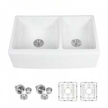 32" Undermount Double Bowl Ceramic Kitchen Sink - Dual Mount White Ceramic Rectangular Deep Double Bowl Sink Basin - White - View 6