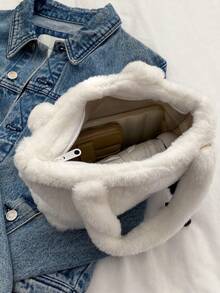 Túi xách nhung lông mịn màu trơn đơn giản mới dành cho nữ, Túi tote du lịch ngoài trời thời trang dung tích lớn, Túi vuông mua sắm đa năng mùa thu đông, Túi đeo vai đi làm thanh lịch cho công việc văn phòng hàng ngày - trắng - Xem 6