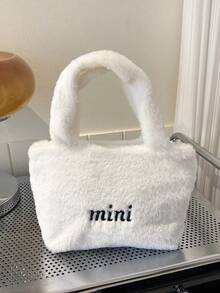 Túi xách nhung lông mịn màu trơn đơn giản mới dành cho nữ, Túi tote du lịch ngoài trời thời trang dung tích lớn, Túi vuông mua sắm đa năng mùa thu đông, Túi đeo vai đi làm thanh lịch cho công việc văn phòng hàng ngày - trắng - Xem 3