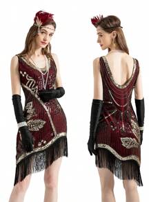 1920s Women's Sequined Fancy Dress Party Dress (Dress+Six Piece Set Accessories) - 酒紅色 - 查看 2