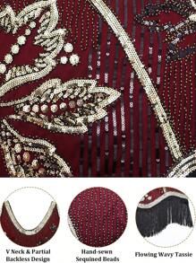 1920s Women's Sequined Fancy Dress Party Dress (Dress+Six Piece Set Accessories) - 酒紅色 - 查看 5