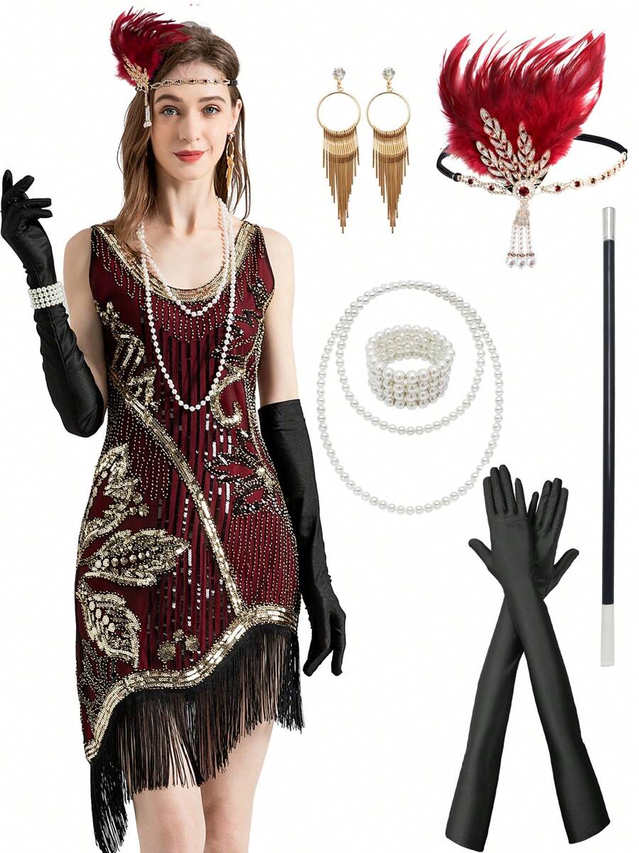 1920s Women's Sequined Fancy Dress Party Dress (Dress+Six Piece Set Accessories) - 酒紅色 - 查看 1