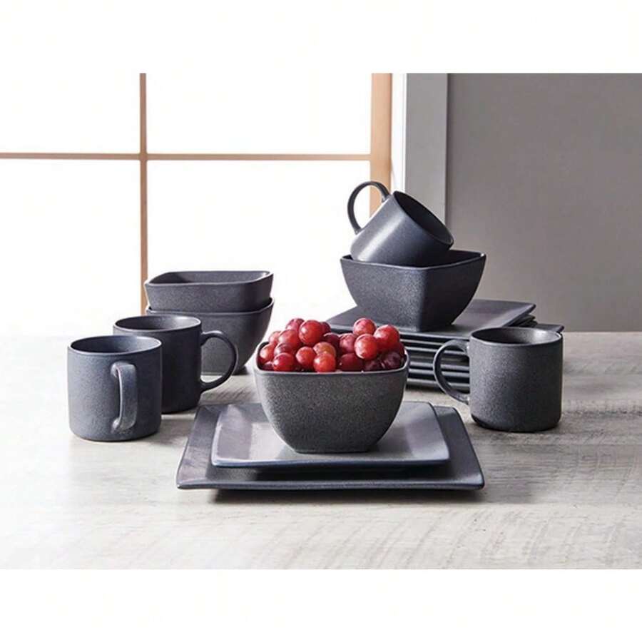 Dark Gray Square Stoneware 16Piece Dinnerware Set SHEIN USA