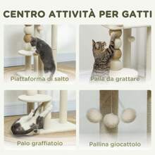 PawHut Torre per Gatti con Lettino Superiore, Piattaforma e Pallina Giocattolo, Albero Tiragraffi per Gatti in Legno, Peluche e Iuta, 48.5x40x76 cm, Beige