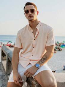 Men's Short Sleeve Shirt With Priest Collar Elegant Casual Party Work - Coral Pink - View 6