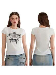 Women Short Sleeve Graphic Tees Y2K Vintage Aesthetic Gothic Tops Emo Teen Girls 2000s Streetwear Crew Neck Slim Fitted Shirts Going Out Outfits 1 Pcs 140g Rams 95% Polyester 5% Cotton Top - 白色 - 查看 2