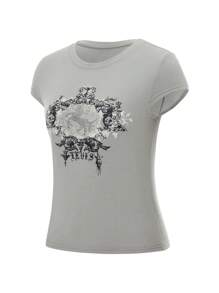 Women Y2K Short Sleeve Shirt Vintage Printing Round Neck Slim Fit Babydoll Tops Summer Casual T-Shirts Streetwear Gothic Aesthetic Clothes