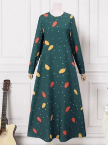 Bohemian Style Long Sleeve Round Neck Pleated Leaf Print A-Line Midi Dress