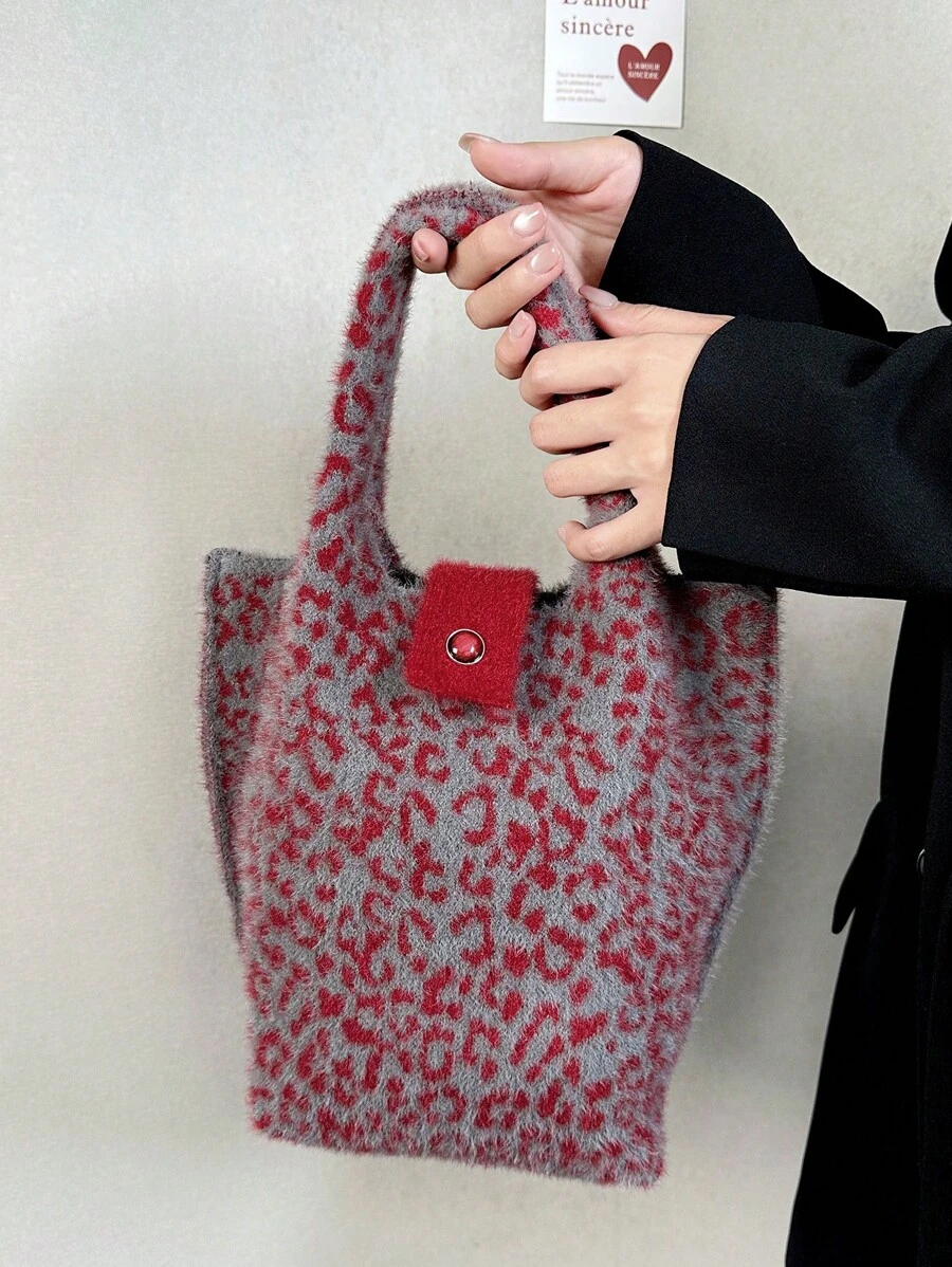 时尚勃艮第短毛绒手提包 2. 安哥拉红豹纹针织钩针可折叠女士手提包，适合日常生活、旅行、聚会、度假、购物，可容纳化妆品、书籍，是送给情侣的情人节礼物的理想之选 - 酒紅色 - 查看 1