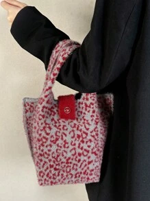 时尚勃艮第短毛绒手提包 2. 安哥拉红豹纹针织钩针可折叠女士手提包，适合日常生活、旅行、聚会、度假、购物，可容纳化妆品、书籍，是送给情侣的情人节礼物的理想之选 - 酒紅色 - 查看 3