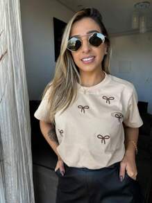 Women's Embroidered Printed Casual Bow T-Shirt Blouse. - 卡其色 - 查看 1