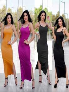Long Ribbed Dress With Straps And Side Slits - 藍色 - 查看 1