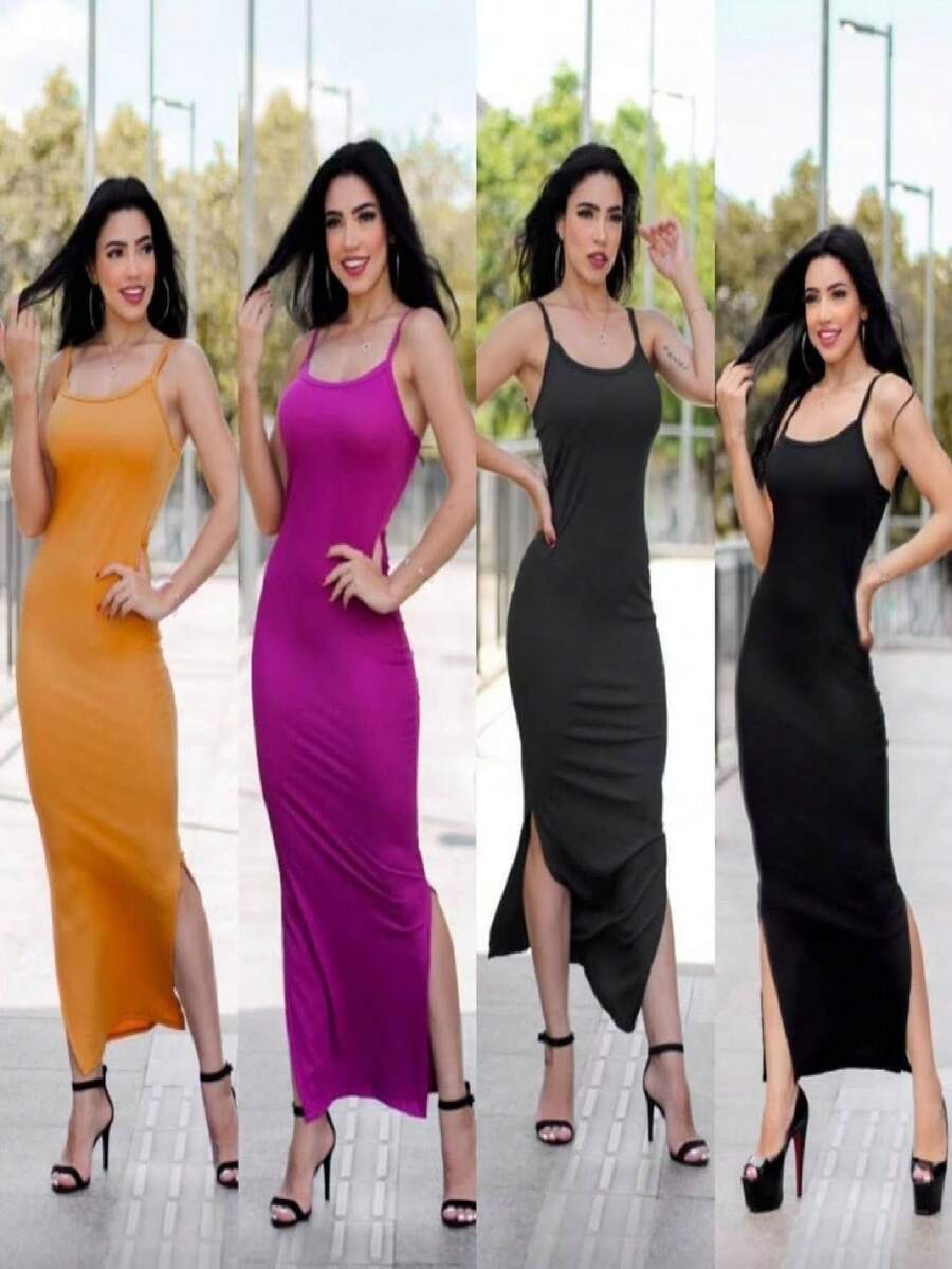 Long Ribbed Dress With Straps And Side Slits - 藍色 - 查看 1