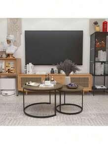 Nesting Coffee Table Set Of 2, 27.6Inch Round Coffee Table ,Industrial Wood Finish ,Made Of Sturdy MDF Tabletop And Iron Frame,With Sturdy Metal Frame,Sturdy And Durable, Exquisite Detail Design,Multi-Purpose, End Table Side Tables Suitable For Living Room ,Bedroom,Balcony Yard ,Brown.,HomeHaven8