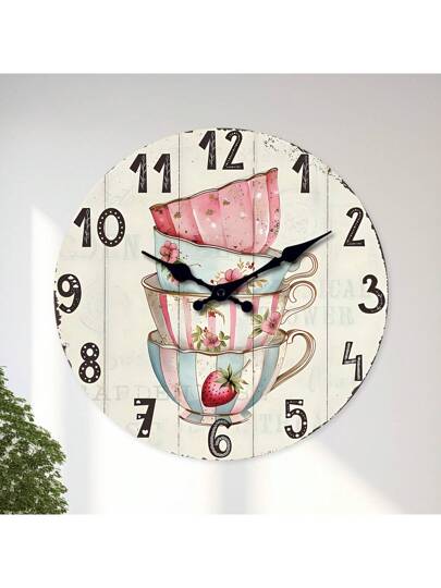 1pc Vintage ful Bloemen Tea Cup Wooden Hang Silent Wand Clock, Living Room, Kitchen, Bedroom, Office, Outdoor Garden 10", 12", 14", 16" (Battery Not Included),Home ,Room Birthday Graduation Klok Bedroom Dormitory Back To School