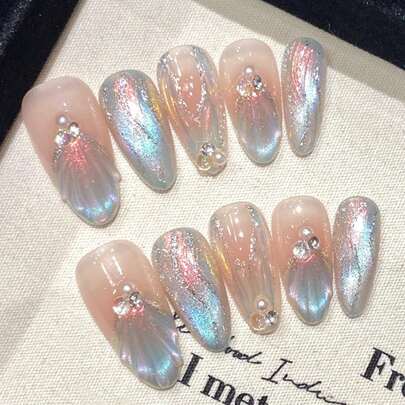 Bộ 10 móng giả hình bầu dục kiểu nàng tiên cá Aurora thanh lịch, bóng mượt như ngọc trai, làm thủ công, thích hợp sử dụng hàng ngày, dự tiệc và hẹn hò.