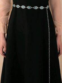 Women Turquoise Oval Metal Waist Chain Belt Decorative Accessories For Skirts Halloween Dance - Bạc - Xem 3